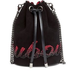 Christian Louboutin Black Suede Marie Jane Drawstring Bucket Bag Red Crystals